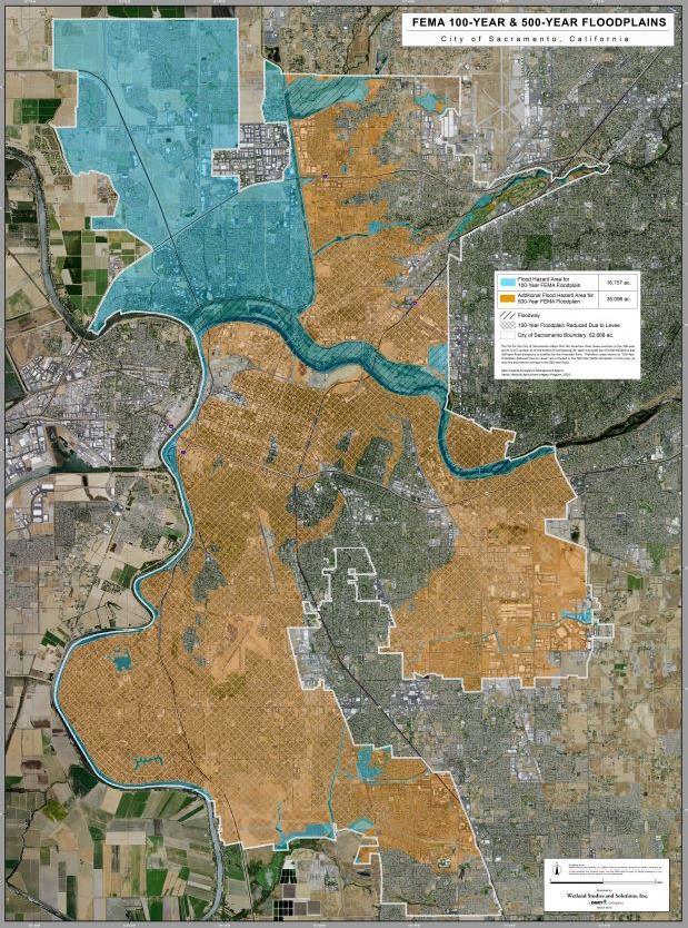 Figure 2. FEMA 100-year and 500-year floodplains within Sacramento, Calif.