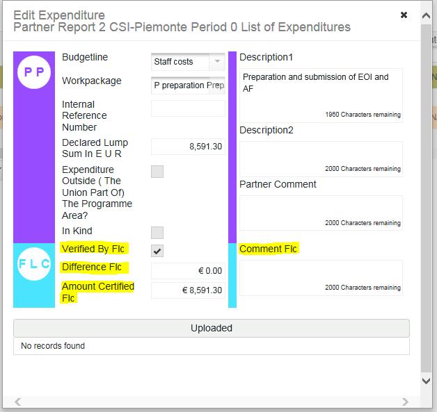 STEP 2: LIST OF EXPENDITURES This section displays the list of expenditure (LoE) per partner report.
