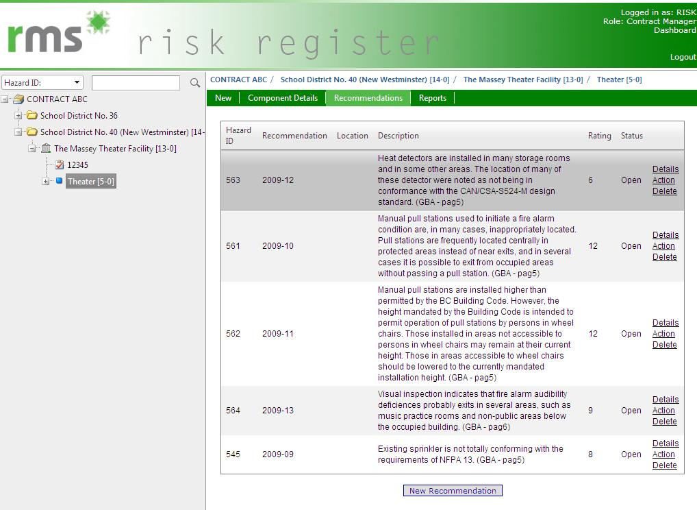 Adding responses with Action Data Each member of an Agency and/or Facility within Risk Register is able to take action and enter response details in the Action form for each of the recommendations