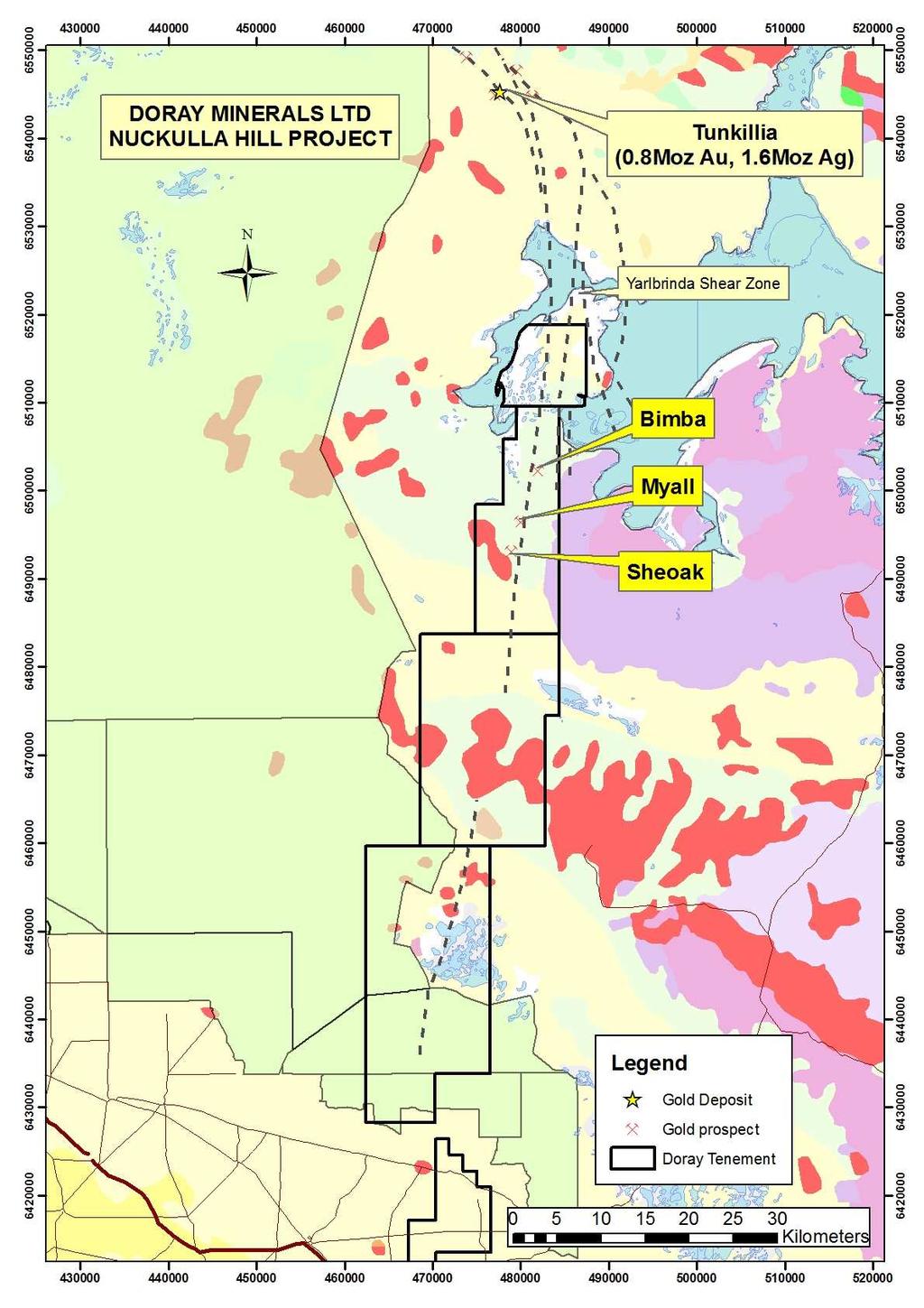 Nuckulla Hill 100km strike of mineralised Yarlbrinda Shear Zone 100% owned Adjacent to Tunkillia (0.8Moz Au, 1.