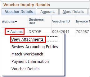 View the PDF Invoice 1. In the Actions column, click the Actions link, then click View Attachments. Find the Invoice Purchase Order Number 1.