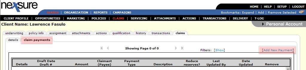 payments on the Claim Payments tab.