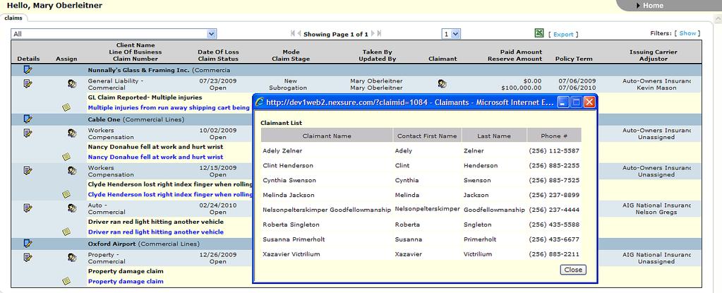 Nexsure Training Manual - CRM Clicking the Claimant icon displays the list of claimants added to the claim. If no claimants are added, the icon will not be displayed.