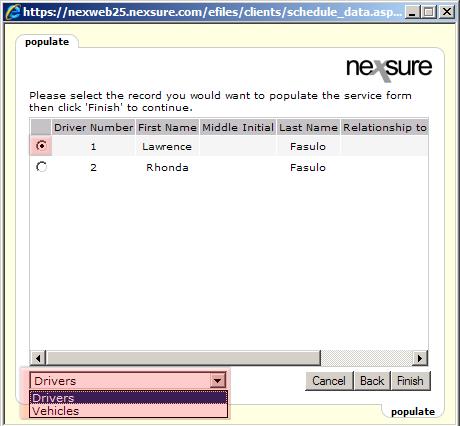 Nexsure Training Manual - CRM All drivers listed on the application display. Select the Driver involved in the loss by clicking the appropriate option.