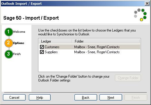 3. Select the Customers and / or Suppliers Ledgers check boxes to define those Contacts folders that you wish to export into the Microsoft Outlook Contacts