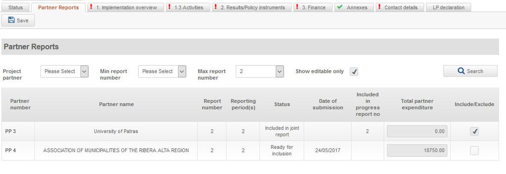 Joint PR Partner reports List of partner reports Include = partner report data transferred to the joint
