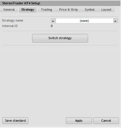 (StereoTrader strategy setup) Strategy name (none) Internal ID (empty) Switch strategy The name of the strategy which will be converted to an internal number.