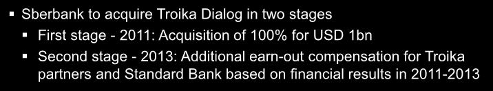 Key Transaction Considerations Sberbank to acquire Troika Dialog in two stages First stage - 2011: Acquisition of 100% for USD 1bn Second stage - 2013: Additional earn-out compensation for Troika