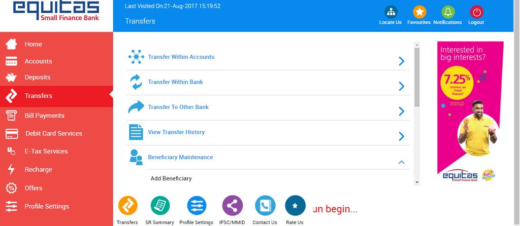 GST payments initiation- Retail Internet banking flow Login to Equitas Retail / corporate internet banking - Add new beneficiary for initiating payment