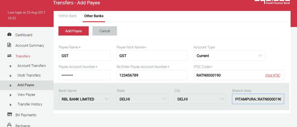 GST payments initiation- Corporate Internet banking Bene registration Login as Maker to create