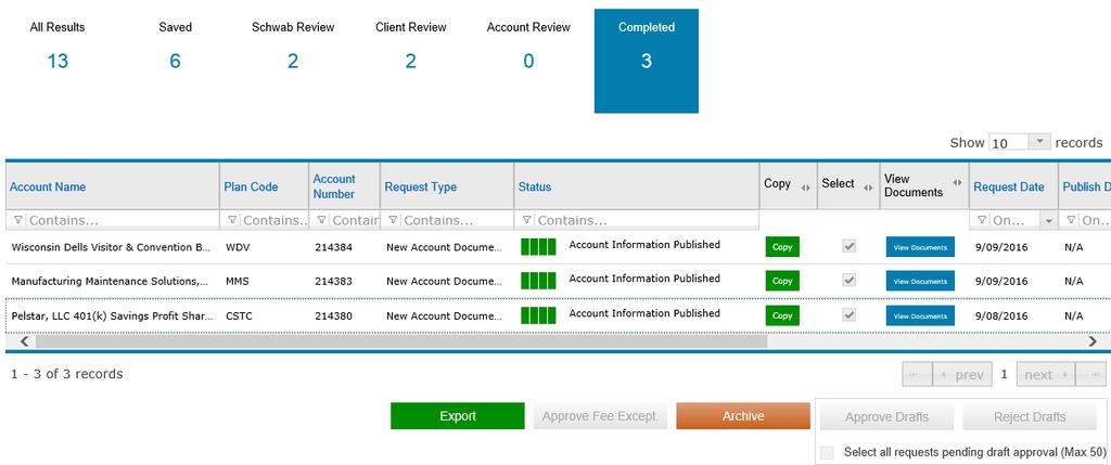 To access completed account documents, click the Completed tab.