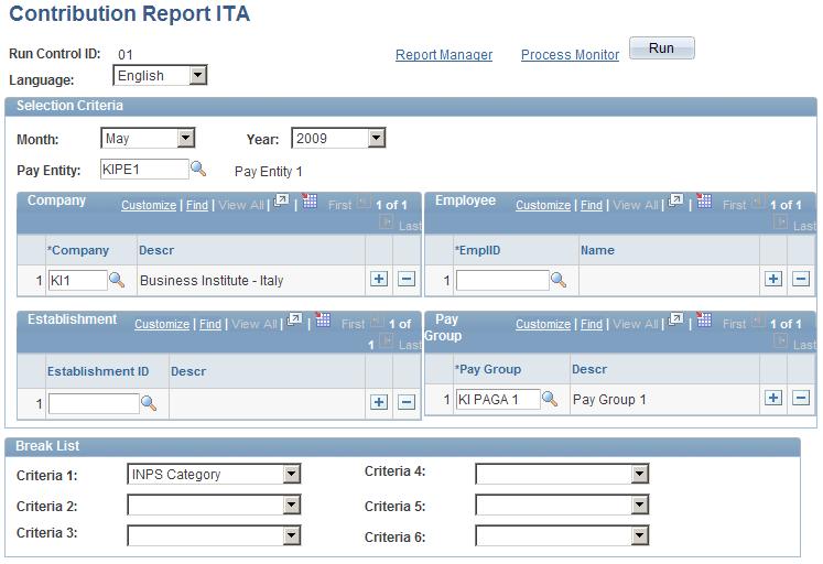Chapter 12 Setting Up Social Security Contribution Report ITA page Selection Criteria Use this group box to define the group of employees included in the report and the period the report covers.