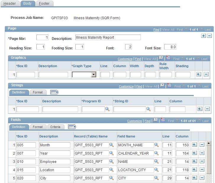 Defining Country Data Chapter 3 SQR Forms ITA - Body page Use this page to define the pages of the SQR report. The fields on this page are similar to those on the SQR Forms ITA - Header page.