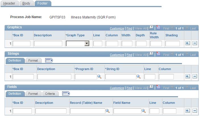 Chapter 3 Defining Country Data SQR Forms ITA - Footer page Use this page to define the footer of the SQR report. The fields on this page are similar to those on the SQR Forms ITA - Header page.