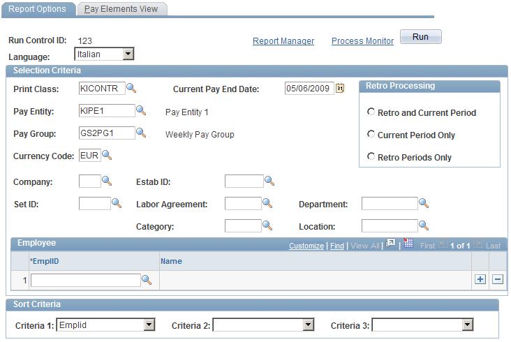 Generating Payslips Chapter 8 Create/Print Payslips ITA - Report Options page Print Class Print class KIPAYSL, which contains elements related to country extensions for a normal monthly run, is