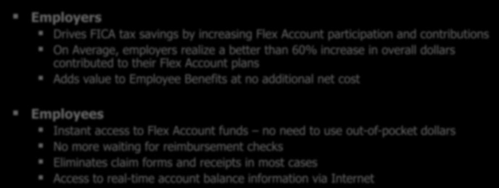 Flex Debit Cards: Benefits Employers Drives FICA tax savings by increasing Flex Account participation and contributions On Average, employers realize a better than 60% increase in overall dollars