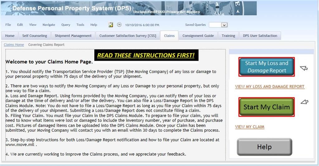 Figure 3-1: DPS Home Page The DPS Home Page presents a series of tabs used to access modules. To access the Claims module, select the Claims tab at the top of the page.