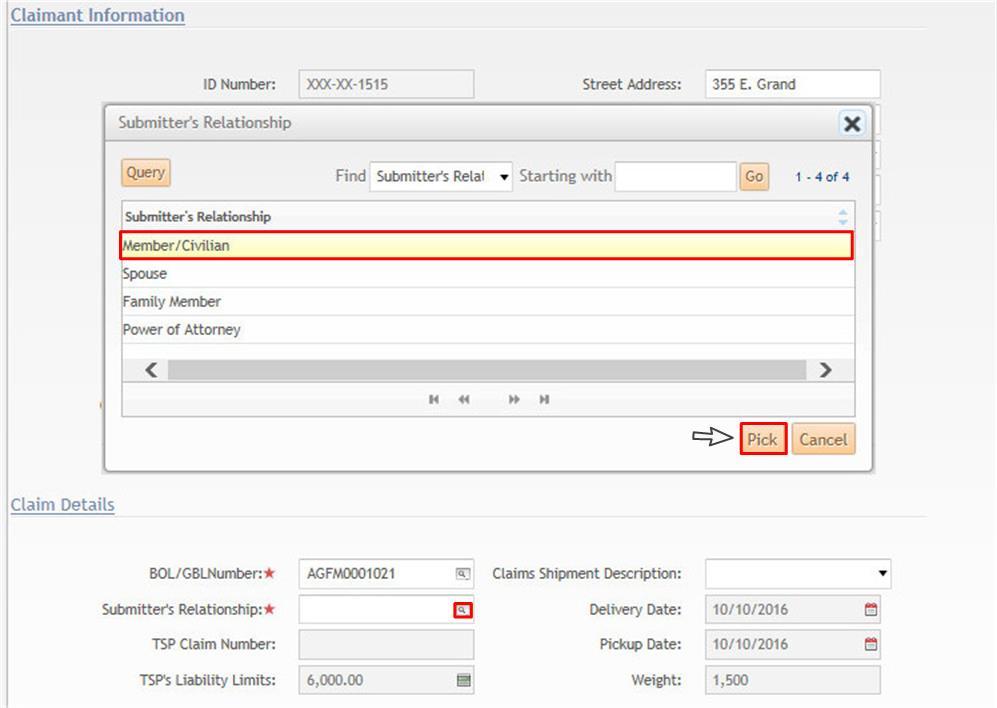 Figure 5-2: Populate Claim Details To continue, select the icon in the Submitter s Relationship field.