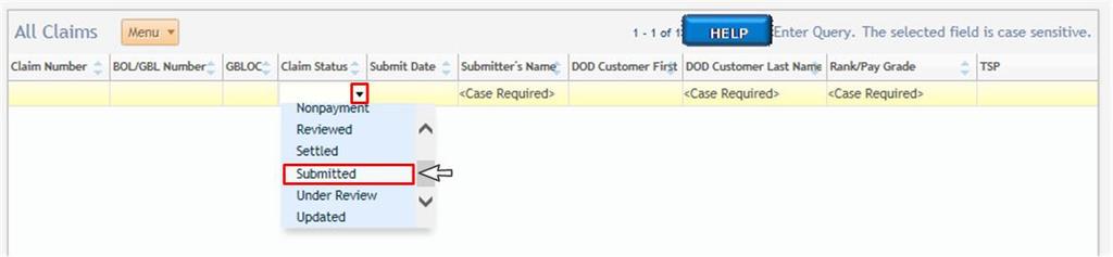 DPS will present query fields (see Figure 5-15, below). DPS Claims Management User Guide DoD Customer Figure 5-15: Enter Claims Query Select or enter criteria in the Query fields.