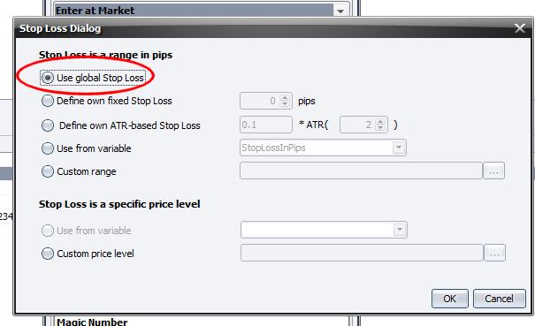 button next to Stop Loss and In the dialog that appears we have to select Use global Stop Loss and Use global