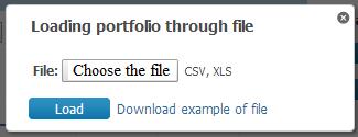 Uploading Portfolio File The service allows uploading a bond portfolio file by clicking "Upload file" on the toolbar: In the dialog box, select the file in csv or xls format and click "Upload" A