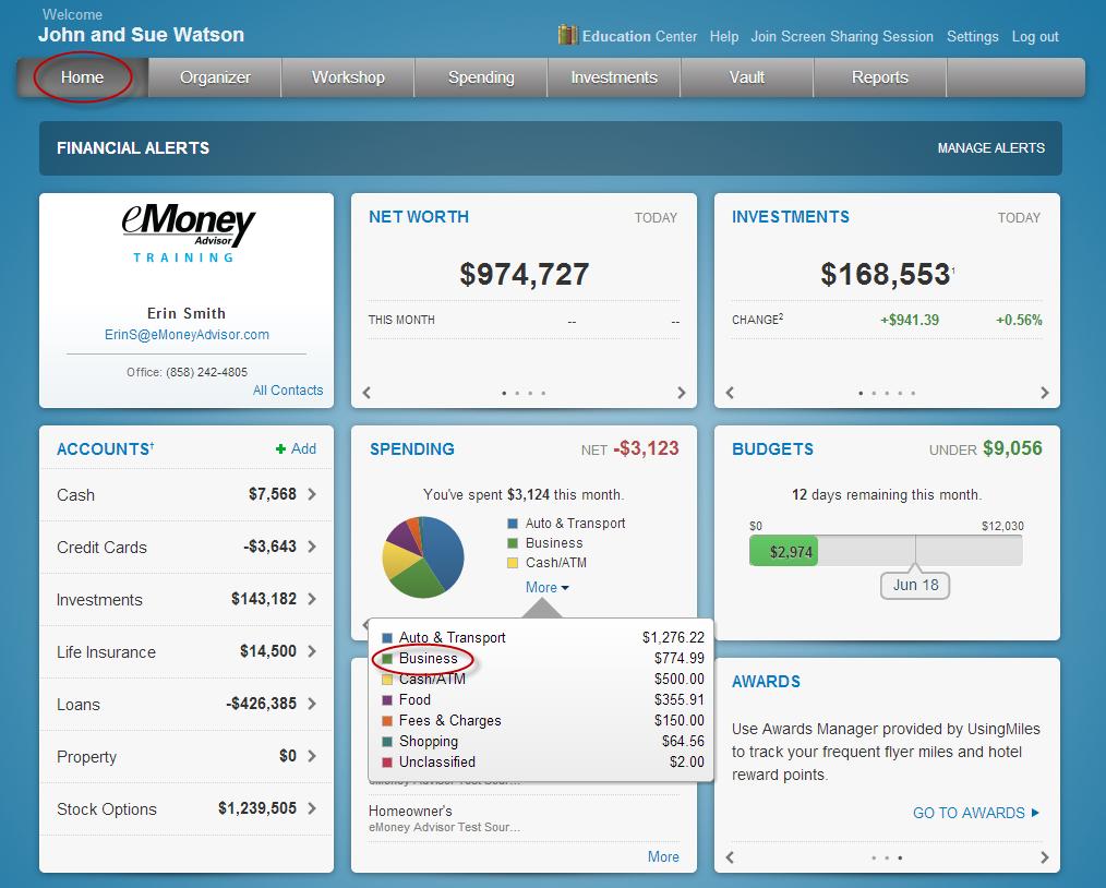 8. The Home Page will populate the Spending and Budgets tiles with the new data entered.
