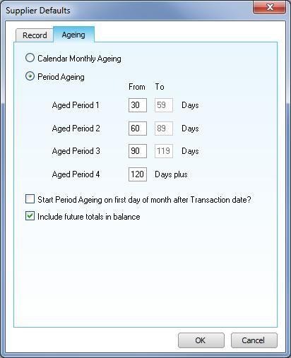 Setting up your software to age supplier accounts 1. From the Settings menu, choose Supplier Defaults > Ageing. The Supplier Default window appears. 2.