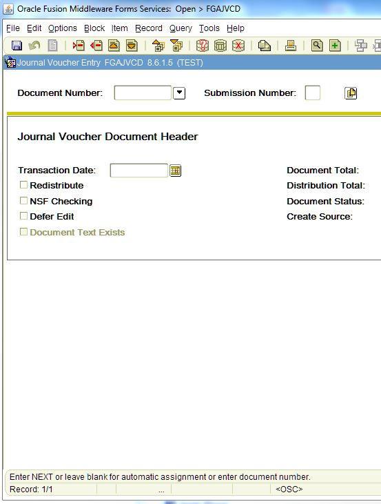 Create a Budget JV Cont. 2. The form will be open with the cursor in the Document Number field. 3. Leave the Document Number and Submission Number at their default values.