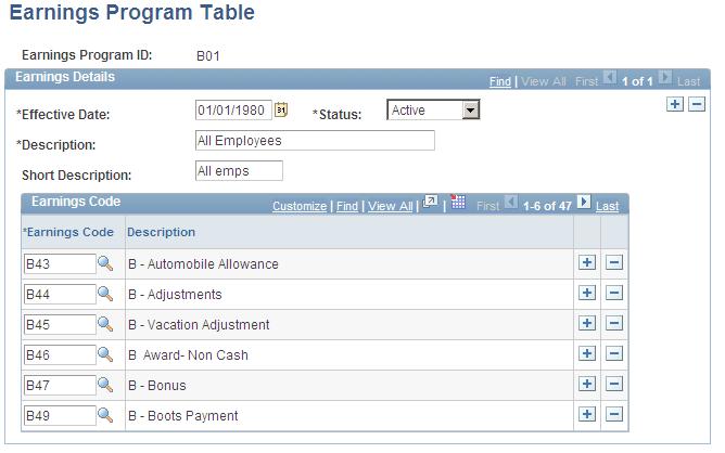 Setting Up Administer Salaries for the Netherlands Chapter 3 Earnings Program Table page Earnings Code Select each earnings code that you want in the program. Insert additional data rows if necessary.
