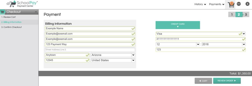 Review Cart Screen In SchoolPay 1. After reviewing the fees, click Billing to advance to the Billing Information screen. 2.