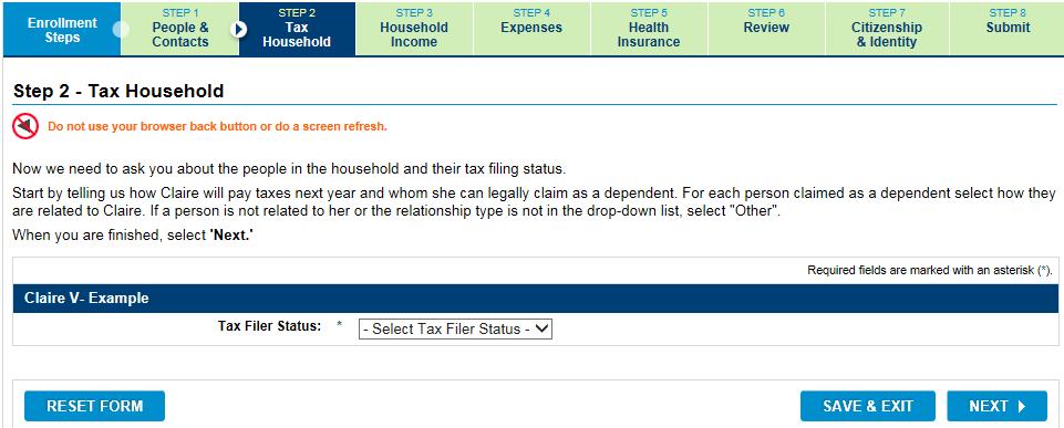 Tax Household Step 2: Tax Household Make selections from the