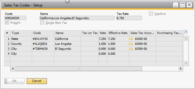 o A Tax Code "#90245SM" generated based on the business partner's 90245 ZIP Code in El Segundo, CA, and the row being for an item, not a service. o Tax is calculated at $8.75.