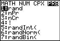 106 TI-83/84 To set the random number seed: 1) Enter the value to be the random number seed. ) Press STOå. This inserts the store in arrow,. 3) rand is 1 in the MATH PRB menu: Press MATH.