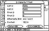 .1a. b) Select Stats should be selected if x1, s1, n1, x, s, and n are to be entered directly. 5) Press ENTER. 6) One of the -Sample T Test windows opens: Data input for Example 13.