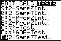 The TI-84 menu is shown at the right. To use -SampFTest: 1) Press STAT. ) Move the cursor across to TESTS. Select E:- SampFTest. 3) Press ENTER.