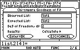06 TI-89 Chi GOF is at 7 in the Tests menu. To use Chi GOF: 1) Press ND [ F6] Tests. ) The cursor is at 7: Chi GOF. 3) Press ENTER.