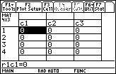 1 f) Press ENTER. 4) The Data/Matrix Editor opens here with a 4 3 matrix of zeros. See below on the left. a) Input the value for the first row and first column. Press ENTER. The input cursor moves across the row from left to right and then to the beginning of the next row when ENTER is pressed.