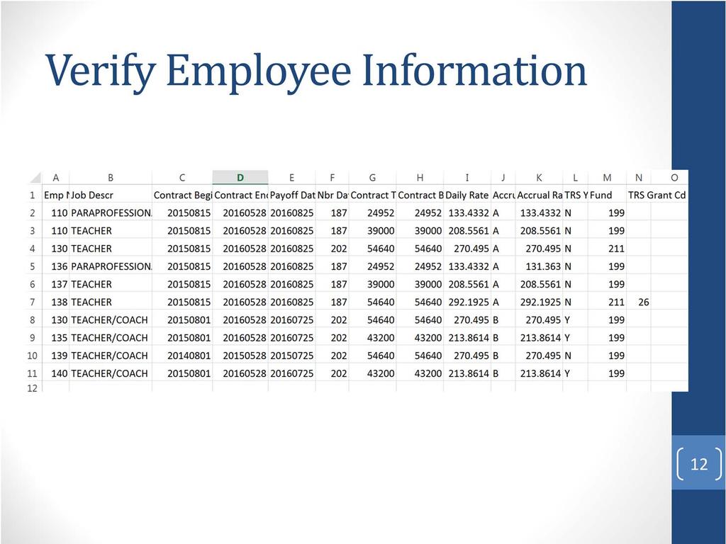 Open the report as a CSV report or in Excel. Sort by Pay Status and then by Fund: Verify all Active and Inactive employees. Be sure inactive employees have a Termination Date.