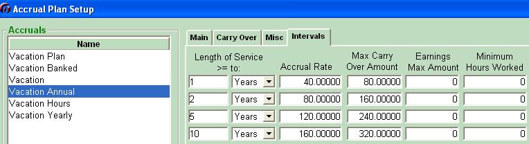 If maximum hours are entered on the Interval tab, be sure that the Maximum Amount Carry Over box is checked on the Carry Over tab.