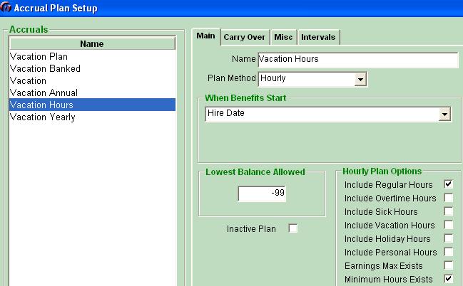 Accrual Plan Interval Examples Example 1: Based on an Hourly type plan Employees on this plan can earn up to 40 hours of vacation during the first year, based on hours worked.