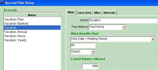 This sample payroll database shows a bi-weekly pay period. An employee during the 1 st year of service will earn 1.53850 x 26 pay periods = 40 hours of vacation.
