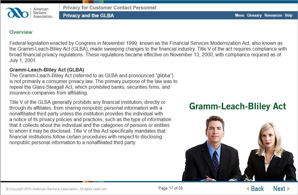 Privacy and the GLBA Overview Federal legislation enacted by Congress in November 1999, known as the Financial Services Modernization Act, also known as the Gramm-Leach-Bliley Act (GLBA), made