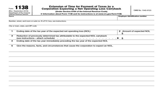 Form 1138 73 Form 1138 A corporation that expects a net operating loss (NOL) in the current tax year can file Form 1138 to extend the time for payment of tax for the immediately preceding tax year