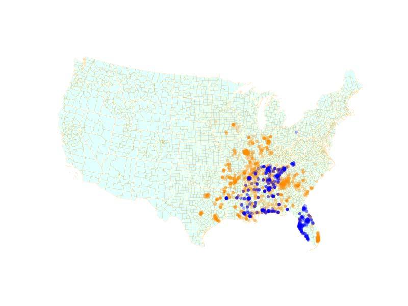Figure 1: The Geographic Overlap of Subsidiaries before an Acquisition: Two Examples Acquirer (Orange) and Target (Blue) Bank Branches Geographic Distribution Panel A: Bank of America