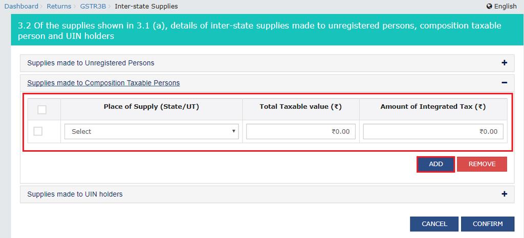 Supplies made to UIN holders 2. In the section Supplies made to UIN holders, from the Place of Supply (State/UT) drop-down list, select the place of supply. 3.