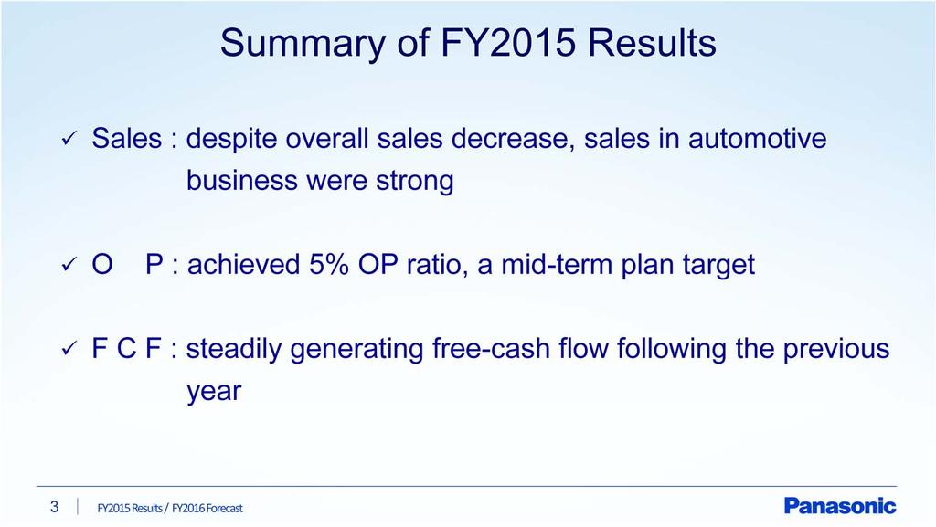 This slide shows three main points regarding fiscal 2015.