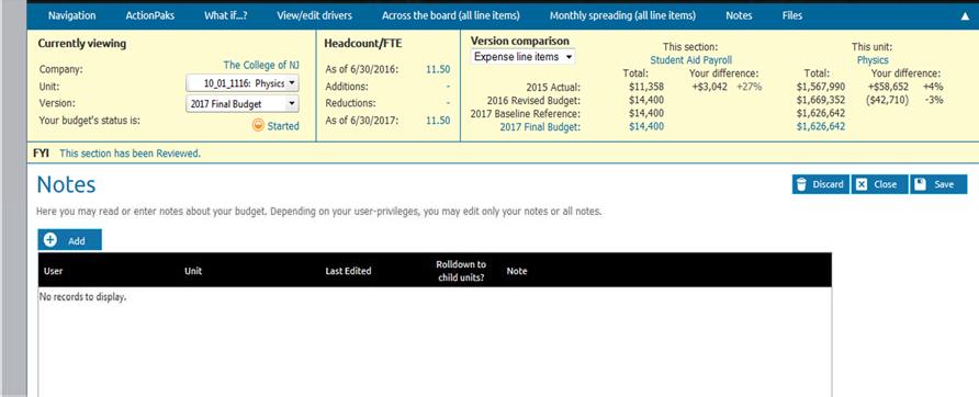 a. The line item usage box will show you the amount already budgeted for that line item in your general budget. When you click Save the ActionPak amount will be added. b. The version comparison box will show you the impact of the ActionPak.