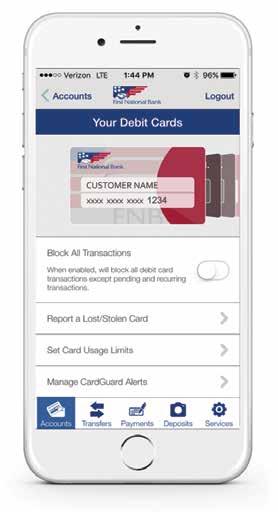 DEBIT AND CREDIT CARDS CONVENIENCE BANKING 12 13 THE CONVENIENCE OF CHOICE First National Bank offers a variety of debit, credit and gift cards to fit your needs and lifestyle.