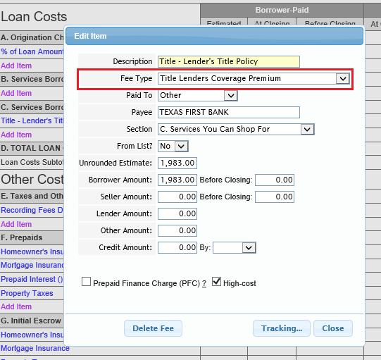 When it comes time to enter the fees on the closing costs details, there is now a Fee Type drop down on the fee details. This is required.