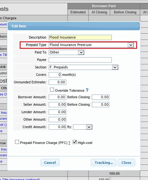 If you are doing a fee in section F (Prepaids), there will be a different drop down list to select for Prepaid Item Type.